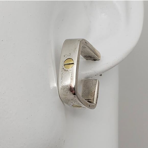 Vintage Mexican Sterling Silver Earrings Taxco 925 Hoops Modernist Brass Rivet - Picture 2 of 12